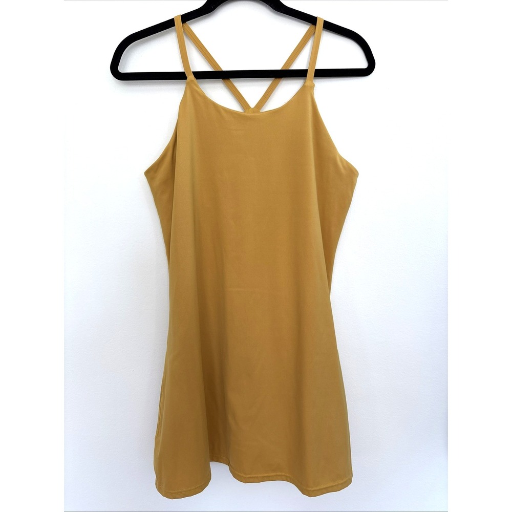 Athletic Exercise Dress Mustard Yellow Cross Back Built-in Shorts Pocket Small‎